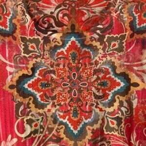 Style & Co Bright Cheery Multi Color Short Sleeve Bling Front Round Neck Sz M